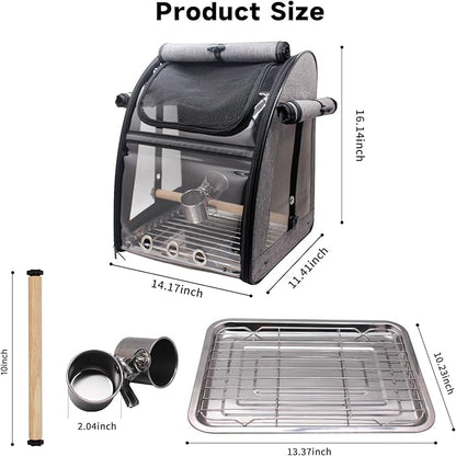Bird Carrier Bag with Perch, Bird Travel Carrier Backpack with Stainless Steel Plate and Mesh, Portable Transparent Parakeet Travel Cage with Feeder Cups for Small Birds Parakeet Parrot