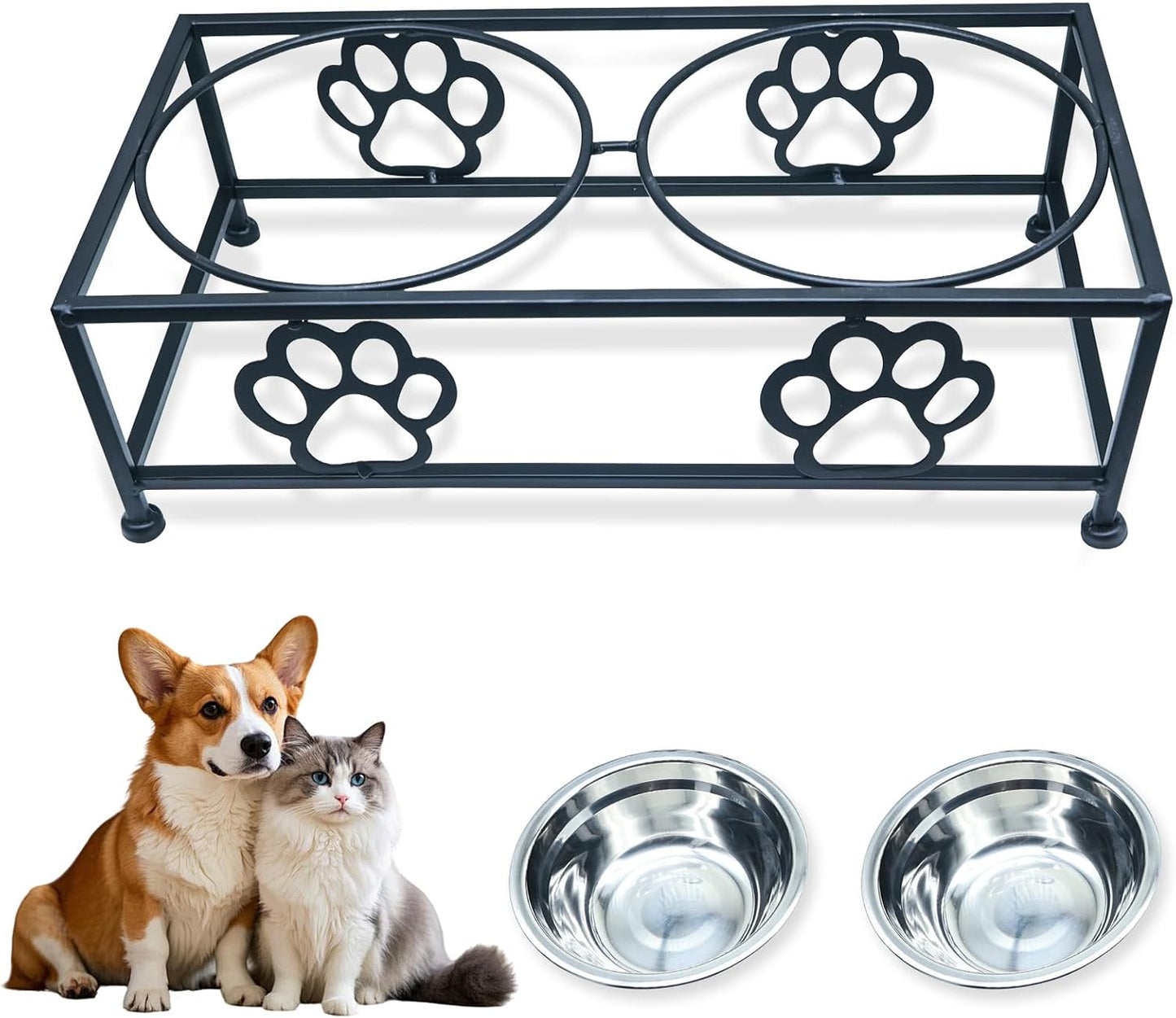 Elevated Dog & Cat Bowls with Stand – Raised Pet Feeder for Small Dogs & Cats, Stainless Steel Dog Food Bowls Elevated, Cat Food Bowl Stand, Elevated Cat Feeding Station (Black)