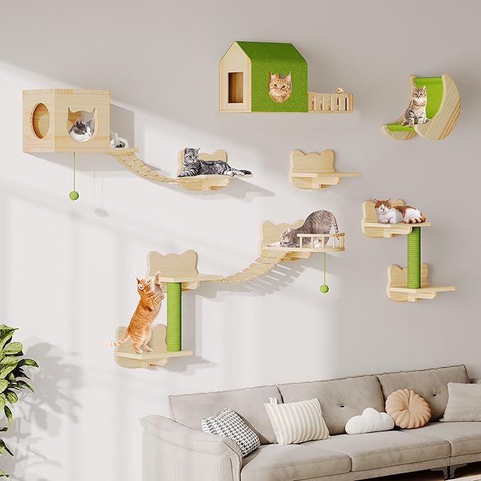 DWVO Cat Wall Shelves and Perches for Wall, Solid Wood Wall Mounted Cat Furniture, Set of 14 Cats Climbing Shelves for Large Cats with Green Wall House & Fence, Steps, Bridge Ladder, Scratching Posts
