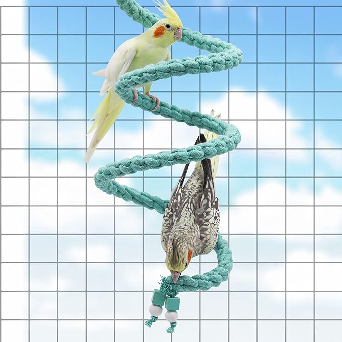 Dnoifne Bird Spiral Rope Perch, Blue Cotton Rope Perch for Parrot, Parakeet, Budgie, Lovebird, Cockatiel
