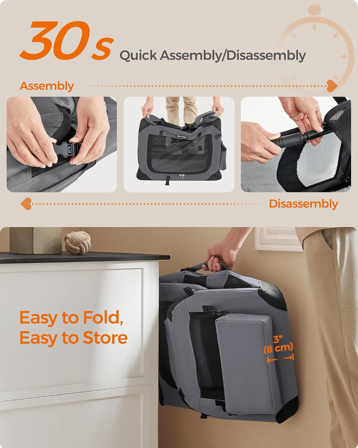 Feandrea 24 Inches Collapsible Soft Dog Crate, Portable Travel Dog Crate for Indoor and Outdoor Use, Dog Carrier Kennel with Safety Zippers, for Living Room, Car, Travelling, Camping, Gray UPDC60GY