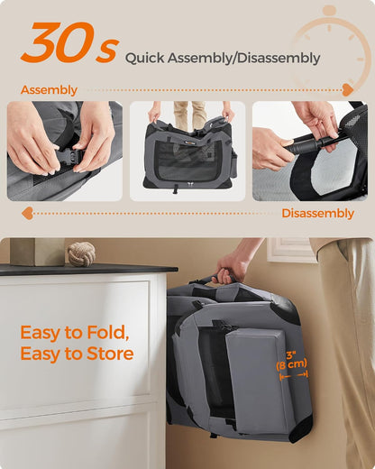 Feandrea 24 Inches Collapsible Soft Dog Crate, Portable Travel Dog Crate for Indoor and Outdoor Use, Dog Carrier Kennel with Safety Zippers, for Living Room, Car, Travelling, Camping, Gray UPDC60GY