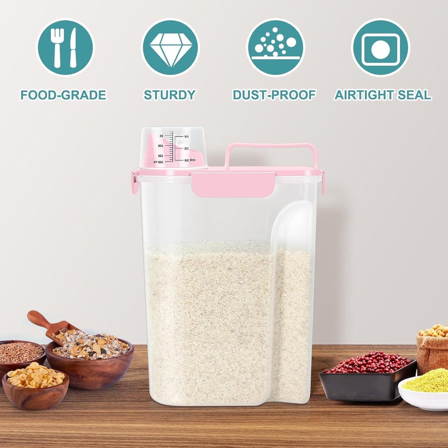 TBMax Airtight Rice Container 10 Lbs, Cereal Dispenser, Pet Cat Dog Food Storage Container, Plastic Kitchen Pantry Food Storage Holder with Cup -Pink