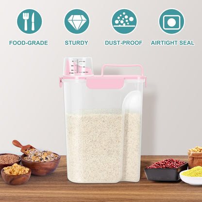 TBMax Airtight Rice Container 10 Lbs, Cereal Dispenser, Pet Cat Dog Food Storage Container, Plastic Kitchen Pantry Food Storage Holder with Cup -Pink