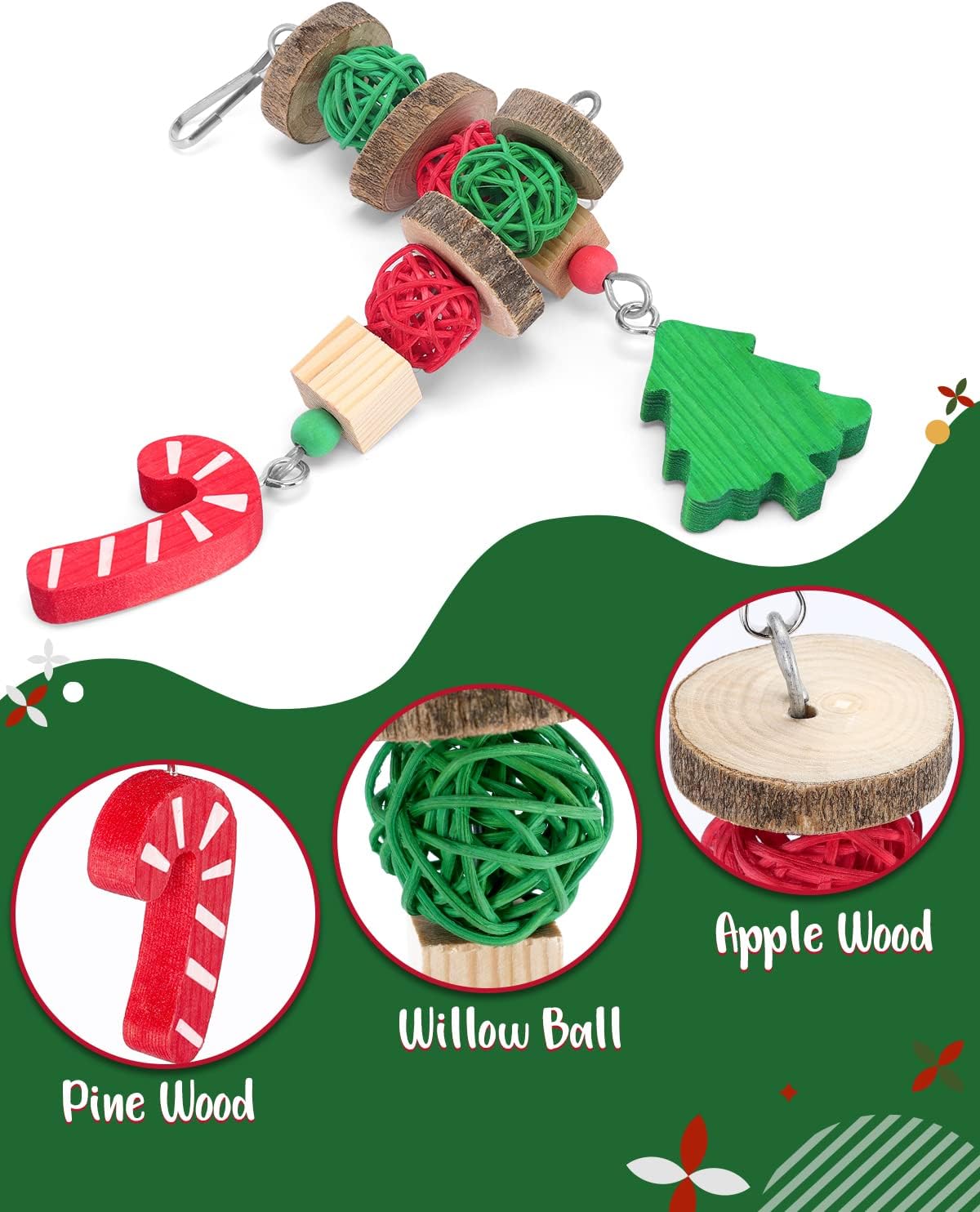 Xylolfsty Christmas Guinea Pig Toys Xmas Bunny Rabbit Toys Candy Cane Hamster Chinchilla Toys Treats for Teeth Grinding Gingerbread Christmas Tree Cage Hanging Accessories for Small Pets Gifts 3PCS