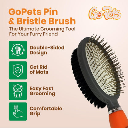 GoPets Double-Sided Pin & Bristle Brush, Dog & Cat Grooming Brush for Detangling, Shedding Control, Fur & Dirt Removal, Smooth & Efficient Pet Grooming for Healthy Coat, Comfortable Ergonomic Handle