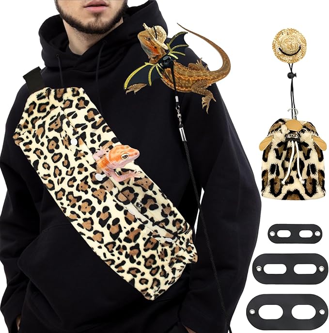 Bearded Dragon Leash and Harness Set, Bearded Dragon Accessories(Include Leopard Print Chest Pack, Lizard Clothing＆Leash, Small Straw Hat), Beardeds Dragon Decor Suit for Outdoor Travel