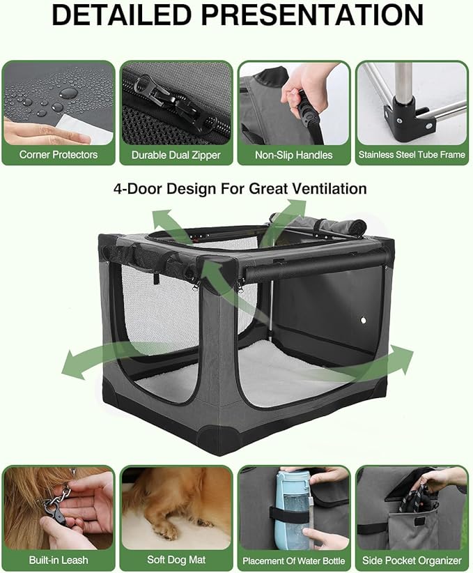 24 Inch Collapsible Travel Dog Crate for Medium Large Dogs, Portable Dog Crate 4-Door Foldable Soft Kennel with Durable Mesh Windows for Indoor & Outdoor Travel, with Storage Bag,Grey