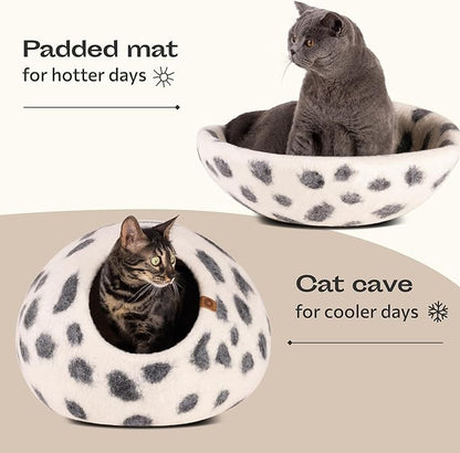 MEOWFIA Cat Cave – Premium Felt Cat Bed for Indoor Cats, Handmade 100% Merino Wool (Medium, Snow Leopard)