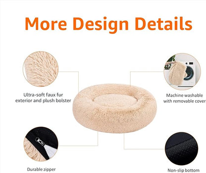Amazon Basics Donut Pet Bolster Faux Fur Bed for Dog, Beige, 36" x 36"