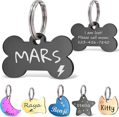 Anavia Small Size Dog Cat ID Tags, Small/XS Personalized Color Plated Stainless Steel Puppy Kitten Name Tags, Customized Engraved Nameplate Pet Collar Tag (Black, Bone)