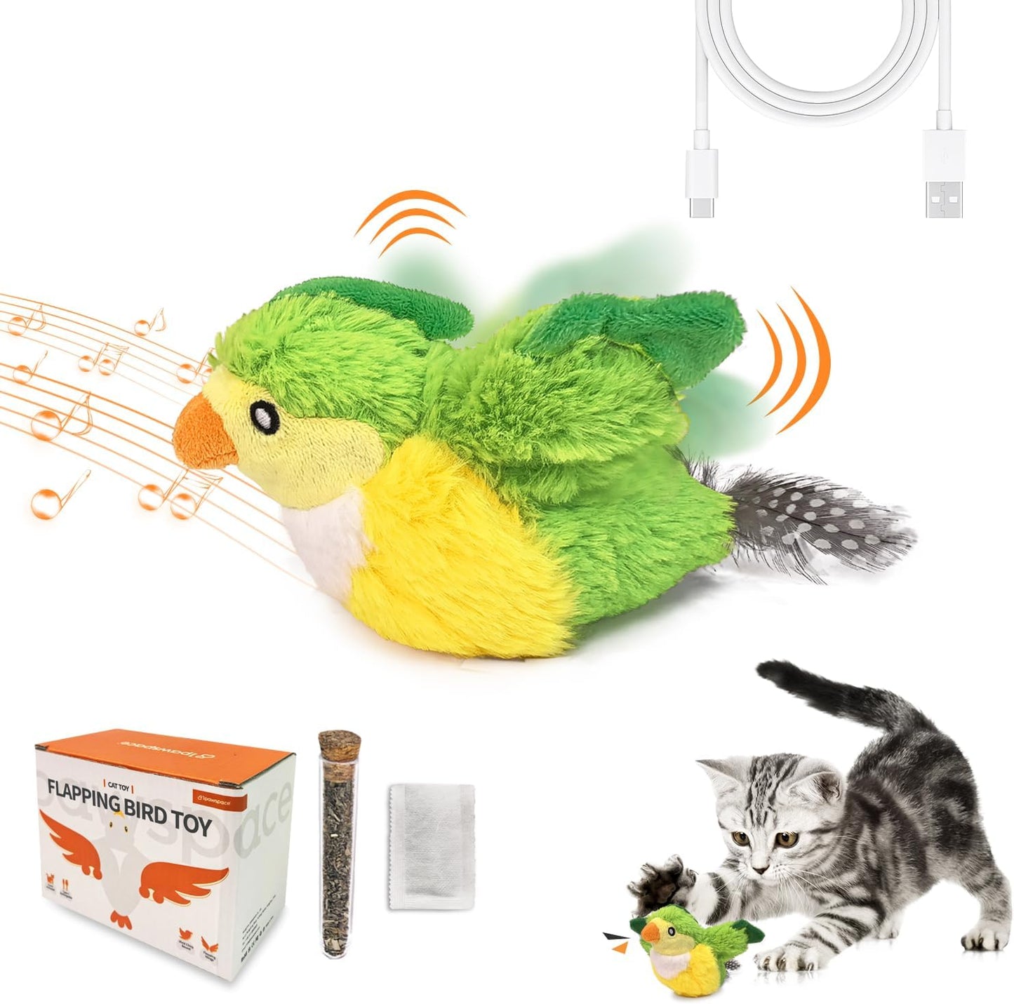 Interactive Flapping Bird Cat Toy with Catnip, Touch Activated Rechargeable, Musical Sound (can Turn Off), Satisfy Cat's Natural Huting Instinct, Soft Plush Washable Cover (Green)