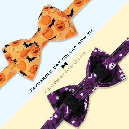 Faygarsle 2 Pack Halloween Cat Collar with Bow Tie and Bell, Breakaway Safety Buckle, Purple Skull Bat and Orange Pumpkin Pattern