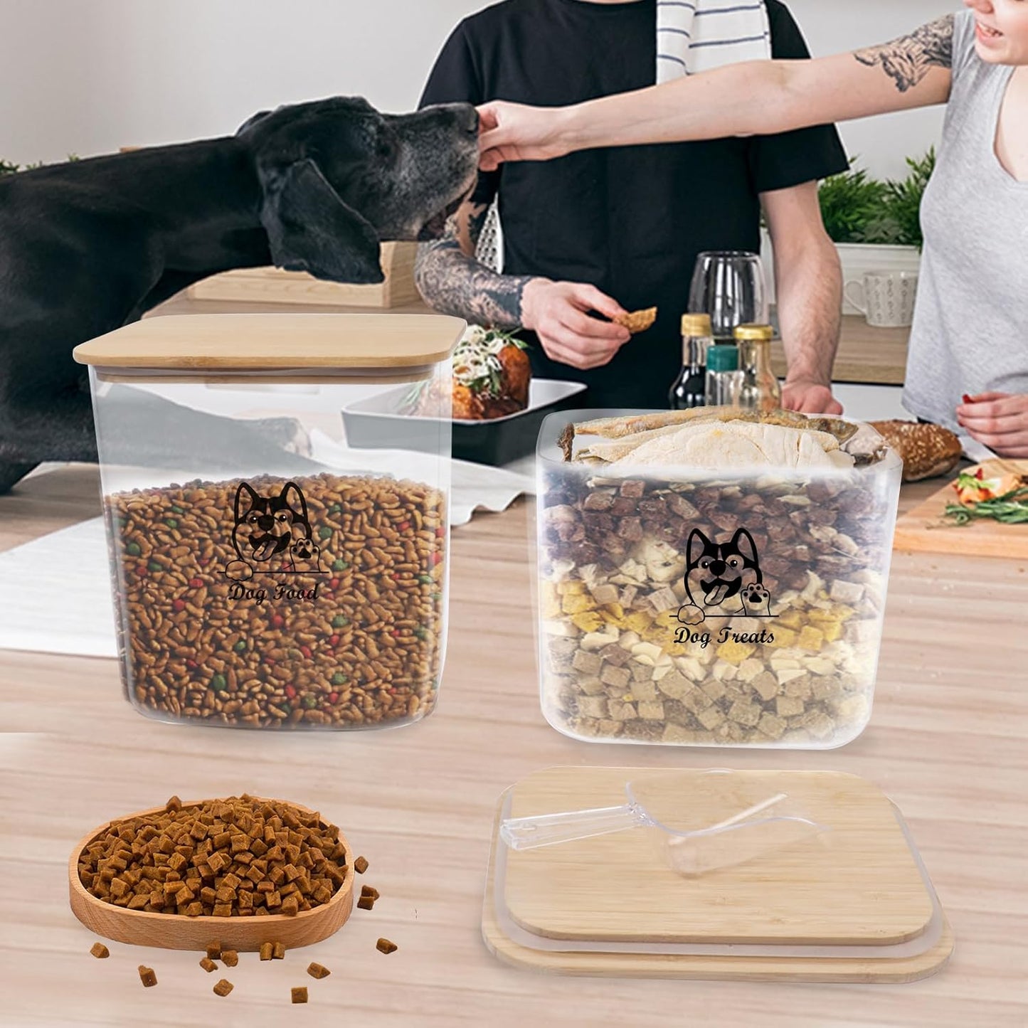 Pet Food Storage Containers, 2Pack Airtight Plastic Dog Cat Food Storage Container with Bamboo Lid,Dog Treat Container Jars Set,Treats Canister for Kitchen or Countertop,BPA Free, Clear