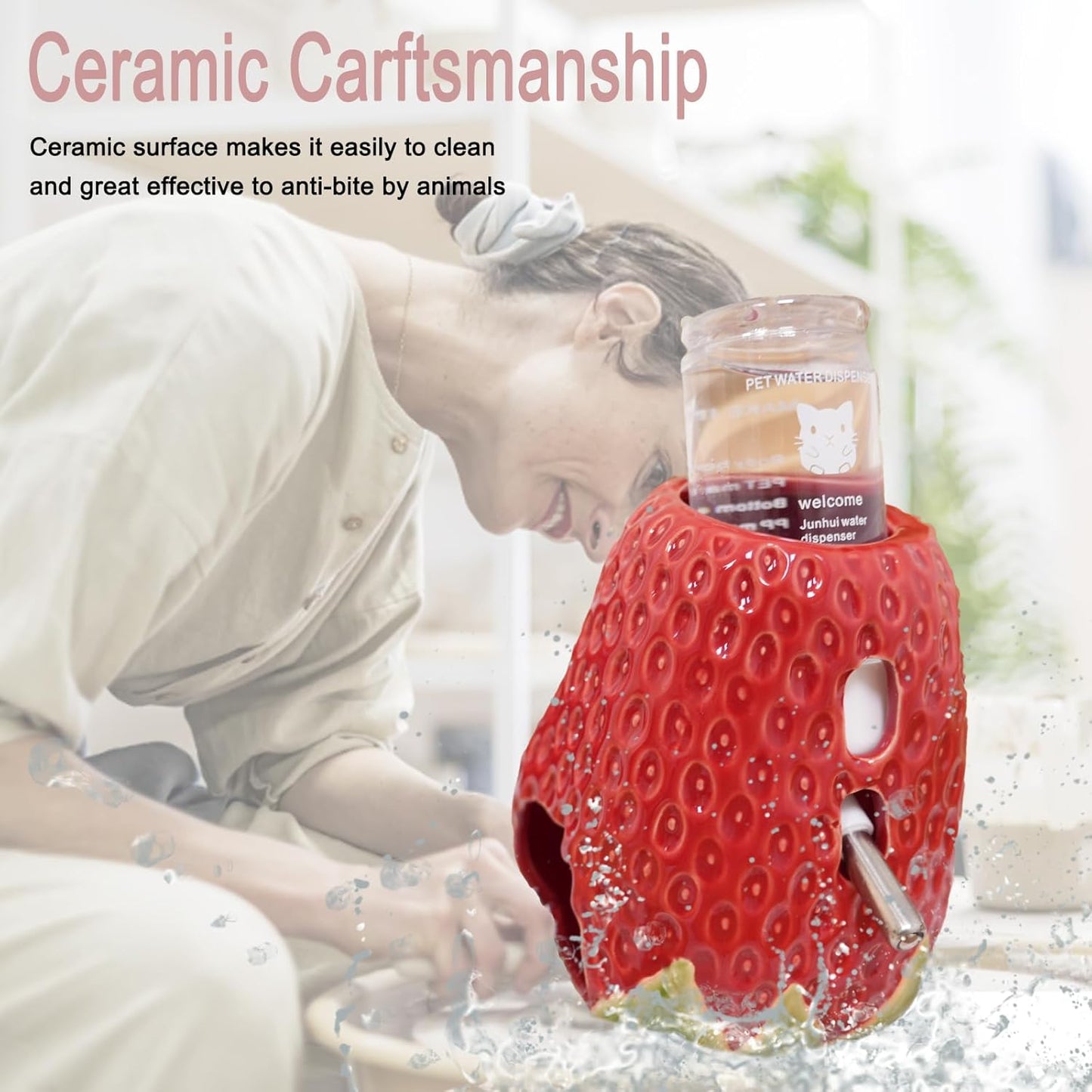 Hamster Water Bottle, Strawberry Ceramic Hamster Gerbil Water Bottle for Glass Tank, Dispenser, 80ML Bottle for Water Holder Stand with 2 No Drip Caps for Syrian Mice, Gerbil