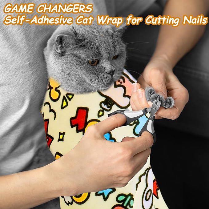 BABORUI Cat Grooming Wrap for Cutting Nails - Self-Adhesive Cat Swaddle Wrap with Nail Clipper, Anti-Scratch Cat Burrito Wrap for Nail Trimming, Cat Grooming Supplies