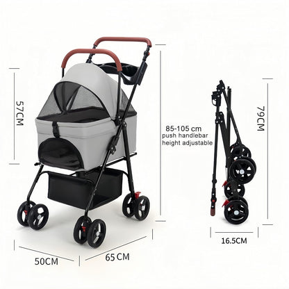 Pet Stroller Pram Dog Carrier Trailer 4 Wheels Foldable Dog with Storage Basket,Holds up to 44 lbs,Adjustable Handle,Folding Travel Stroller Suitable for Traveling with Cats and Dogs (Grey)