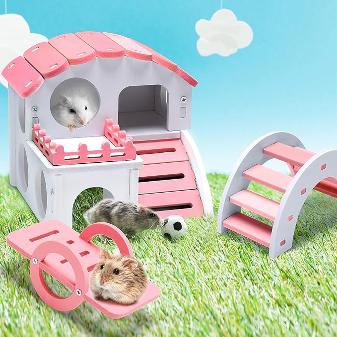 3 Pieces Fun Hamster Toys Guinea Pig Hideout Include PVC Hamster House, Rainbow Bridge, Seesaw Toy DIY Exercise Play Toys for Rats Mouse Small Animals(Small,Pink)