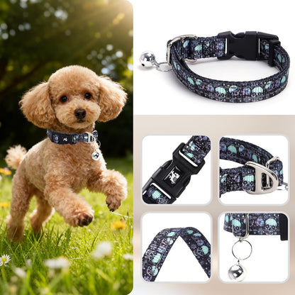 XS Dog Collar with Bell - Soft Adjustable Nylon Collar for Small Breeds, Skull Pattern Reflective Collar for Chihuahua Pomeranian Yorkie, Lightweight & Comfortable for Tiny Dogs (Skull XS)