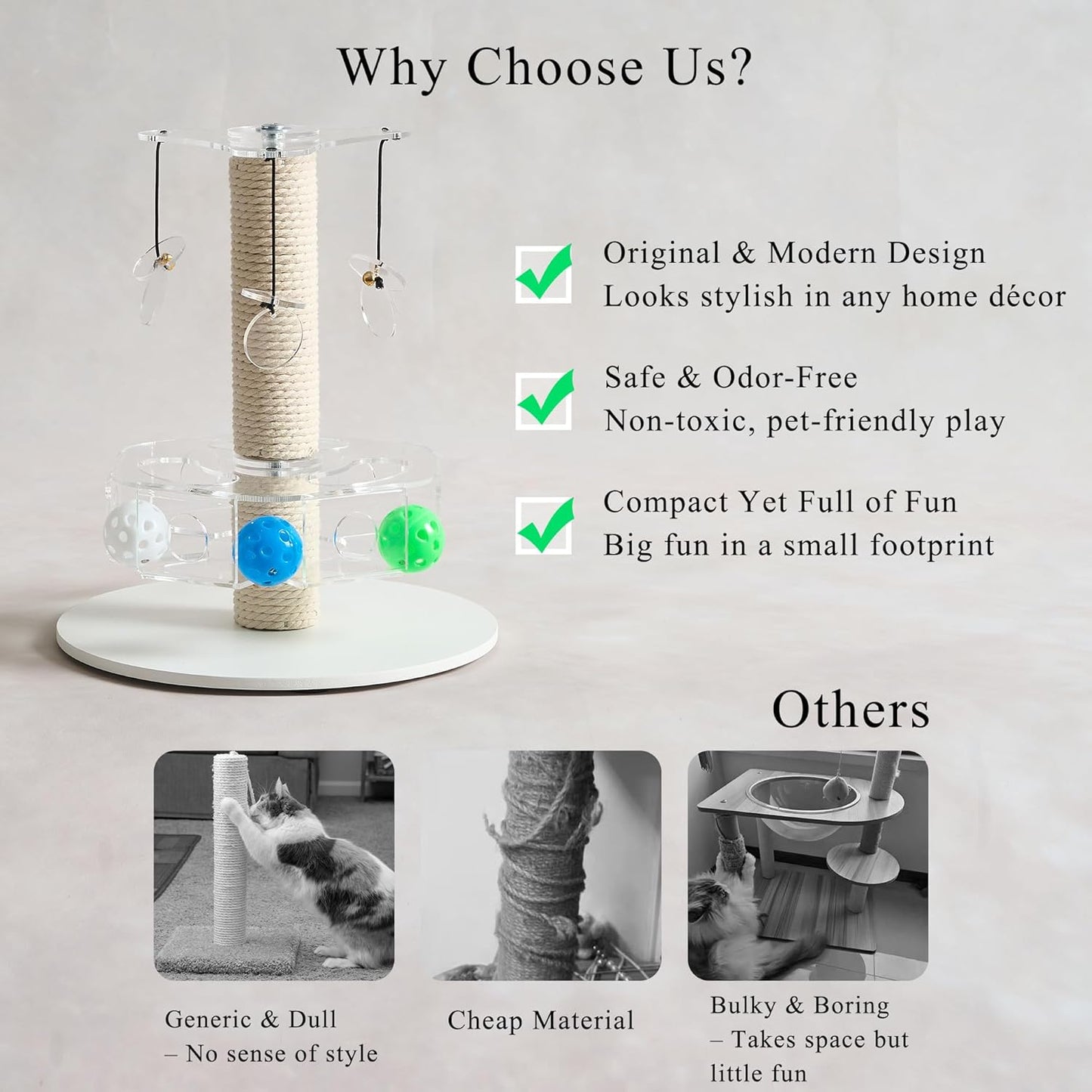 Modern 3-in-1 Interactive Cat Toy with Scratching Post, Rotating Cat Puzzle Toys for Indoor Cats with Colorful Jingle Balls, Spinning Teaser Disc with Dangling Toys, Acrylic, White