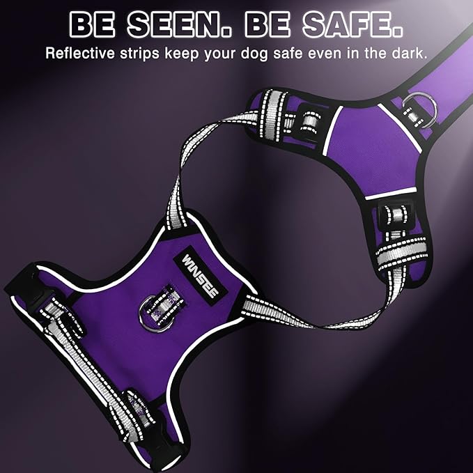 WINSEE Dog Harness No Pull, Pet Harnesses with Dog Collar, Adjustable Reflective Oxford Outdoor Vest, Front/Back Leash Clips for Small, Medium, Large, Extra Large Dogs, Easy Control Handle for Walking