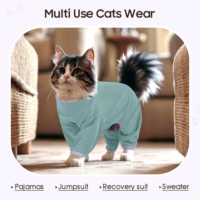 DENTRUN Cat Clothes for Hair Control with Hair Sticky Fabric - Soft Recovery Suit & Breathable Lint-Resistant Cat Sweater for Cats Only, Kitten Onesie Pajamas, XS, Bean Green