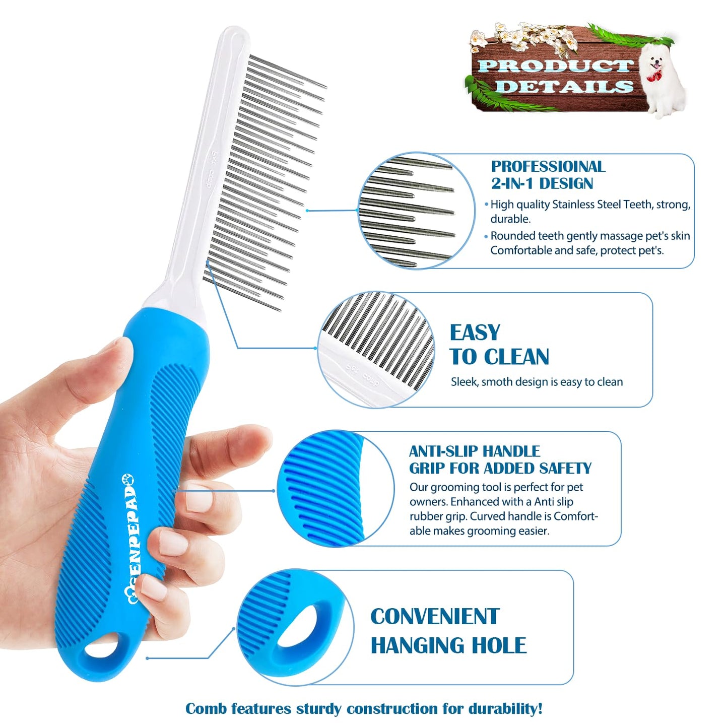 Grooming Comb for Dogs and Cats with Long & Short Stainless Steel Metal Fine Teeth for Detangling Matted Hair - Pet Detangler Comb for Removing Tangles, Knots, Loose Fur from The Undercoat
