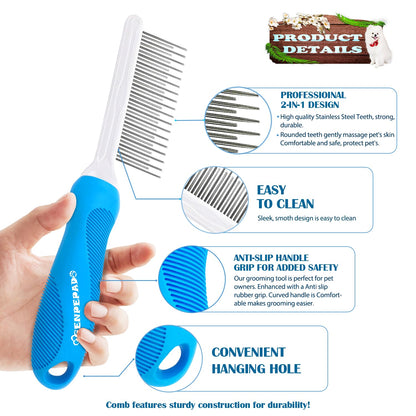Grooming Comb for Dogs and Cats with Long & Short Stainless Steel Metal Fine Teeth for Detangling Matted Hair - Pet Detangler Comb for Removing Tangles, Knots, Loose Fur from The Undercoat