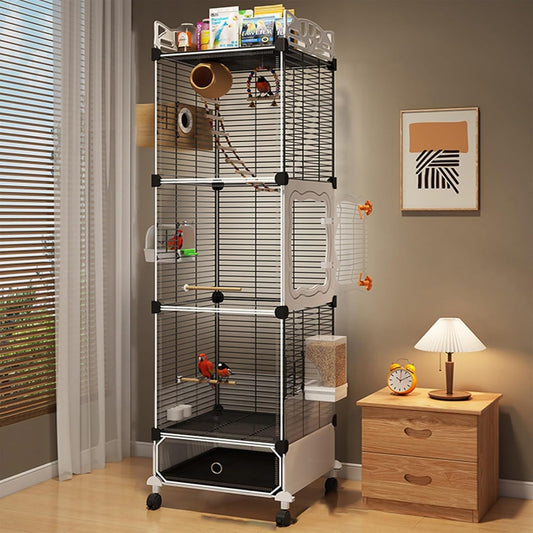 Large Parrot Cage with Acrylic Doors, 4 Casters, Perch & Feeder, Detachable Drawer, Ideal for Cockatiels, Budgies, Conures, Indoor/Outdoor Use – Spacious White Birdcage(Black,36 * 36 * 142)