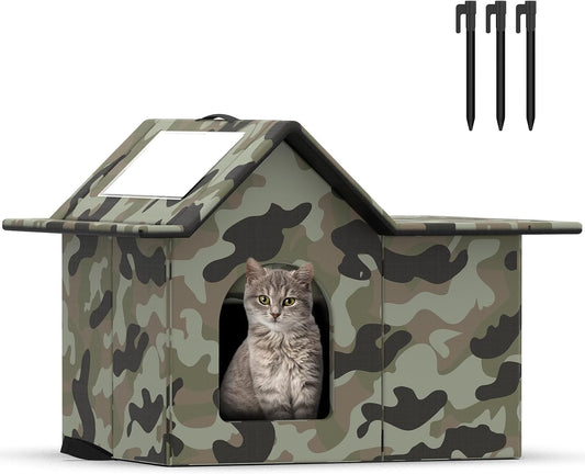 Outdoor Cat House Weatherproof, Large Feral Cat House for Winter, Collapsible Outdoor Cats Shelter in Winter with Door and Soft Mat, Easy to Assemble (Green)