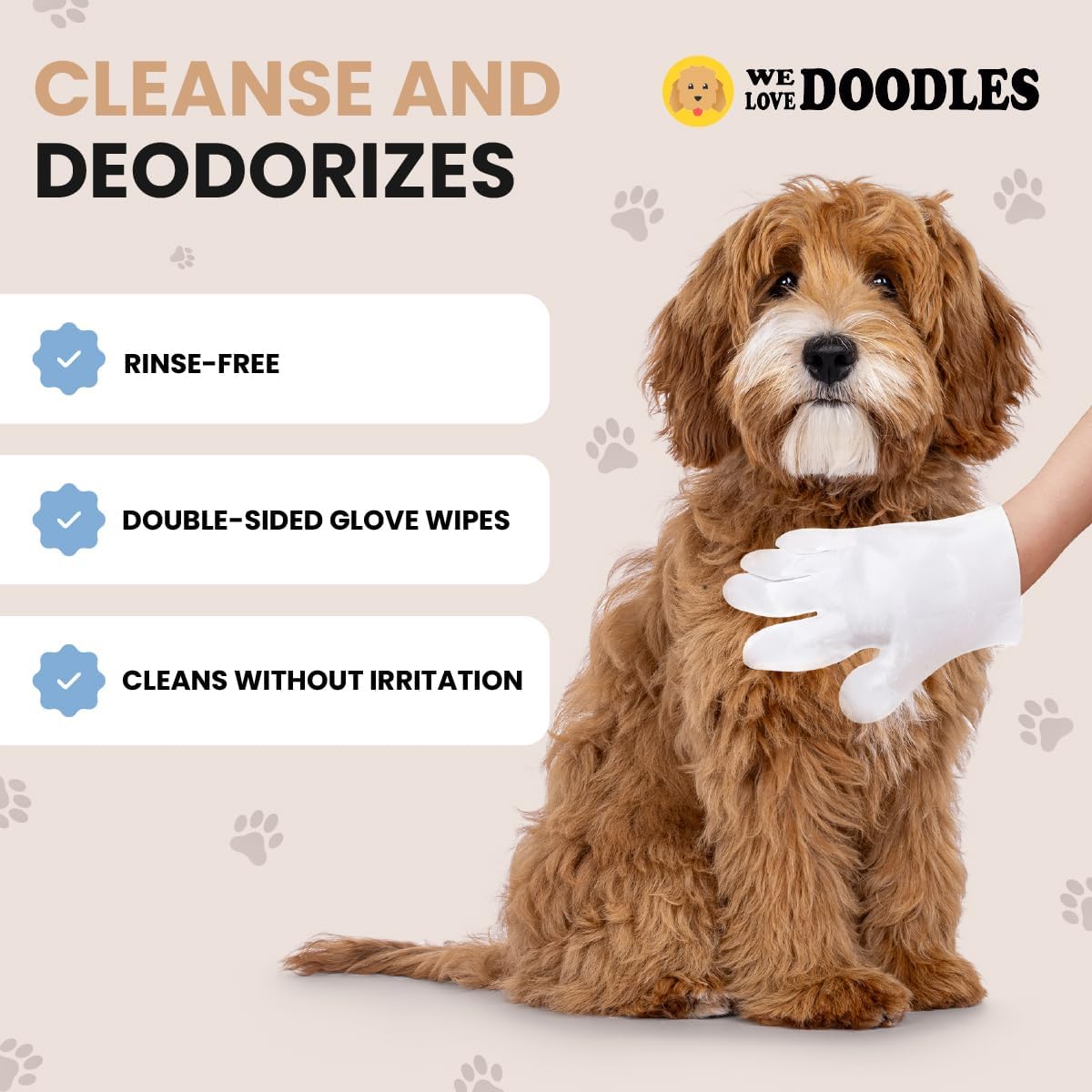 We Love Doodles Dog Cleaning Gloves Wipes - Pet Bathing Wipes for Dogs, Paws, Face, Body, Ears - Safe, Easy & Effective - Individually Packaged, Rinse-Free, Double-Sided, Alcohol-Free 12 PCS
