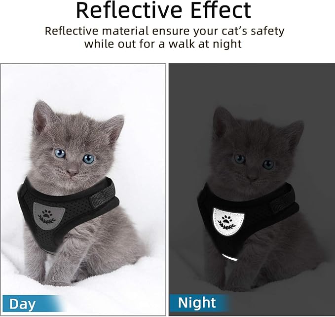 Cat Vest Harness and Small Dog Vest Harness for Walking, All Weather Mesh Harness, Cat Vest Harness with Reflective Strap, Step in Adjustable Harness for Small Cats (Black, S)