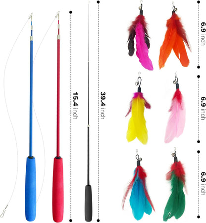 Retractable Cat Teaser Wand, 3 PCS Fishing Pole Cat Toys with 18 Feather Toy Refills, Interactive Cat Toys for Indoor Cats Play & Exercise