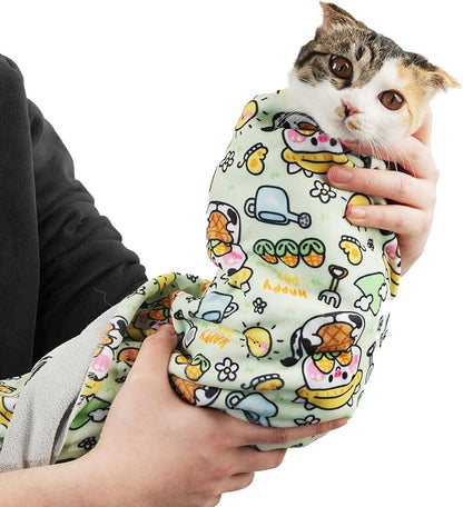 35.5" Extra Large Cat Grooming Wrap – Anti-Escape Cat Wrap for Cutting Nails, Brushing & Medication – Soft, Comfortable, Reusable, Self-Adhering, Holds Cats Up to 22lbs (Cow Corn)