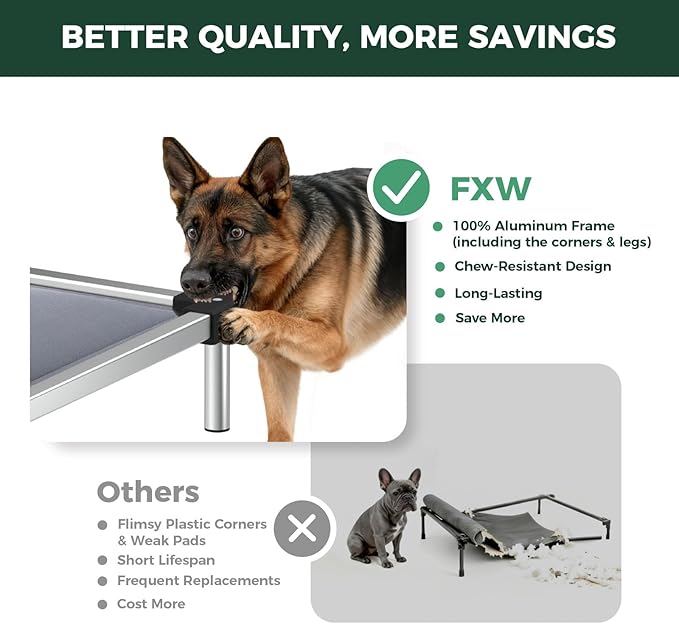 FXW TitanNest Chew-Proof Elevated Dog Bed, Raised Cot for Indoor/Outdoor/Camping Use, Durable & Washable Padded Pet Bed for Large Dogs, 47.0" L x 29.0" W x 7.3" H, Gray