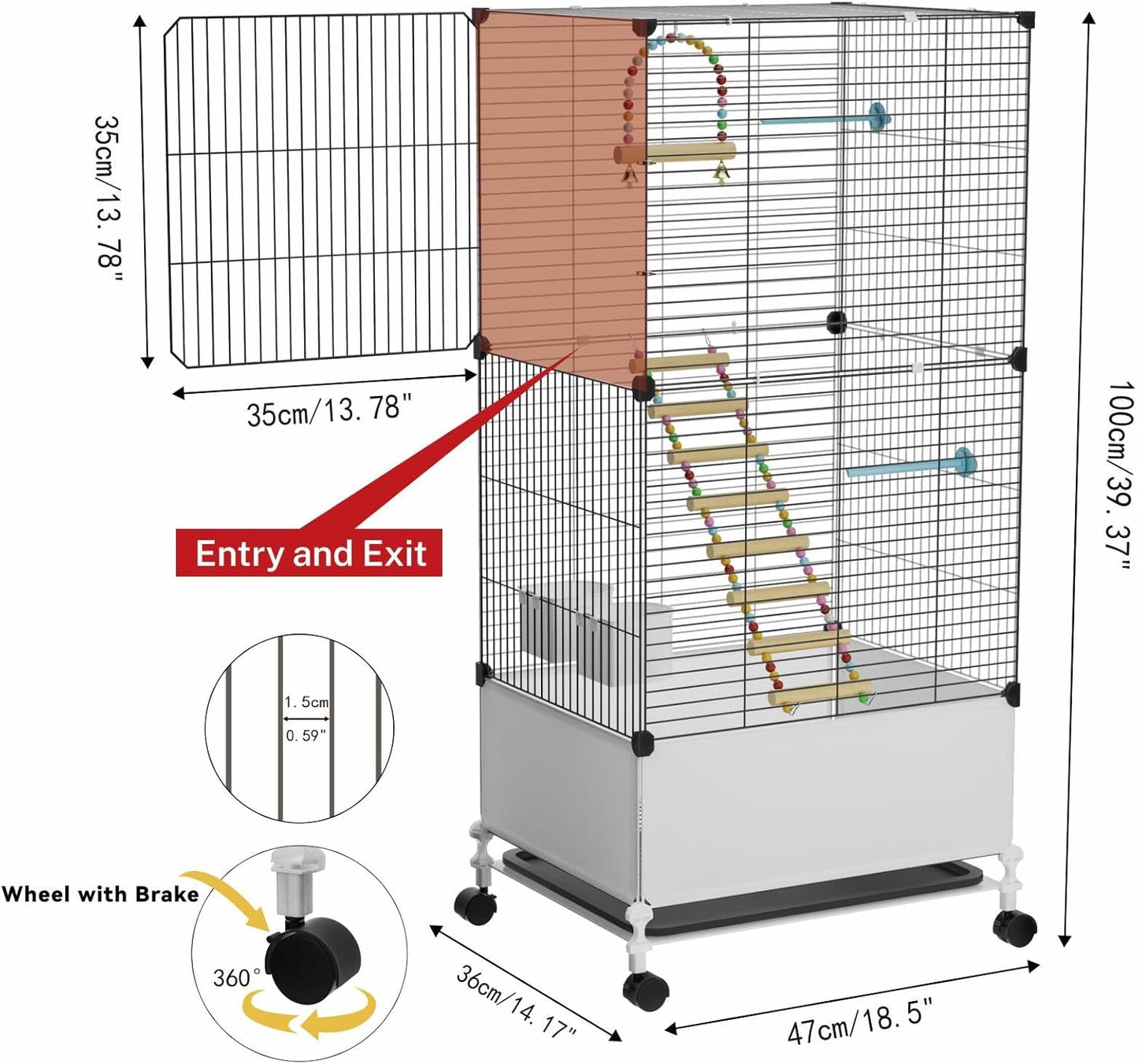 Big Flight Bird Cage, Black Parakeet Cages with Rolling Stand & Wheels, Wide Birdcage for Parrots Cockatiels Conure Budgie Canary Finch Lovebird