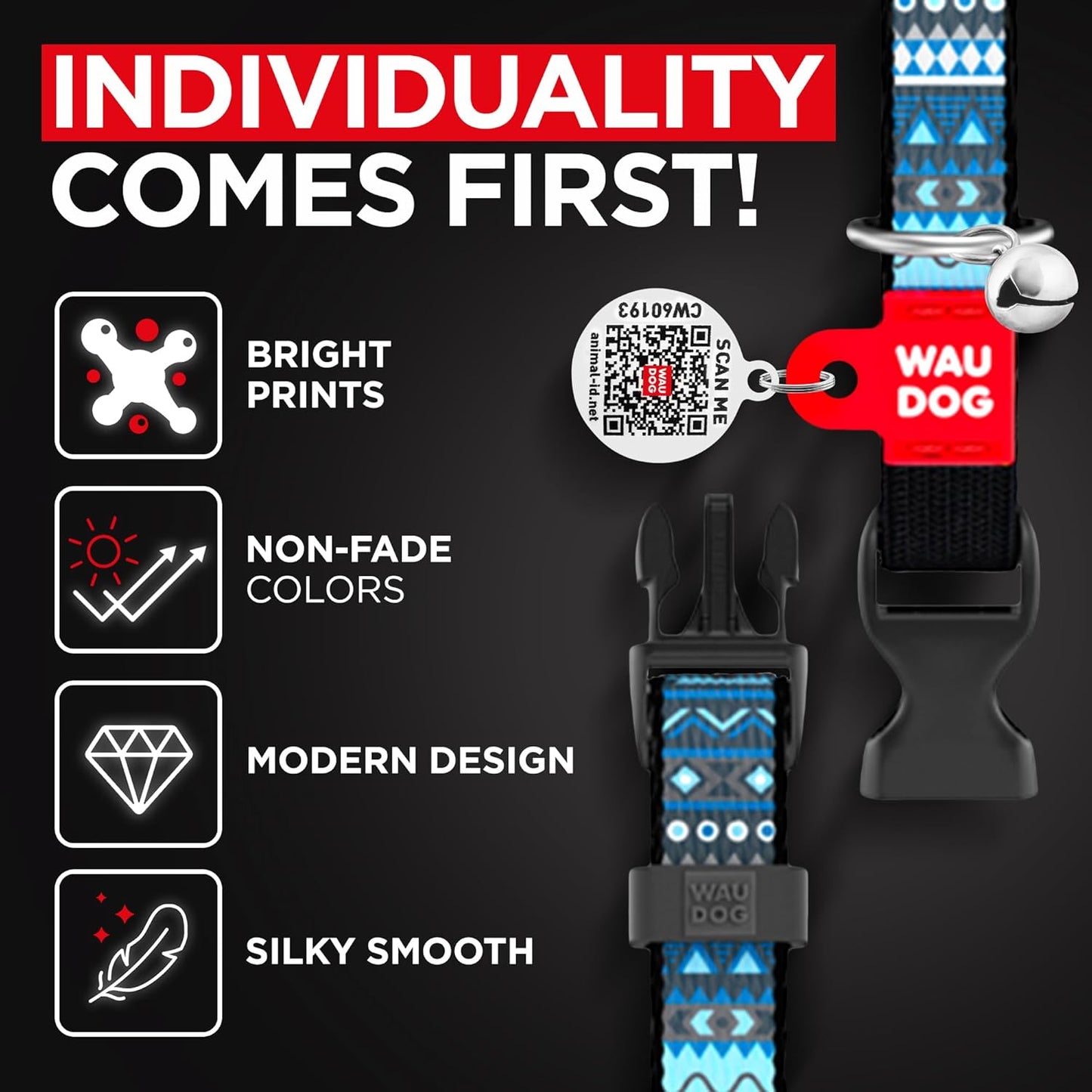 WAUDOG Nylon Cat Collar with Removable Bell and QR ID Tag for Small, Medium and Large Breeds Adjustable Long Lasting Durable Kitten Collars Boy & Girl