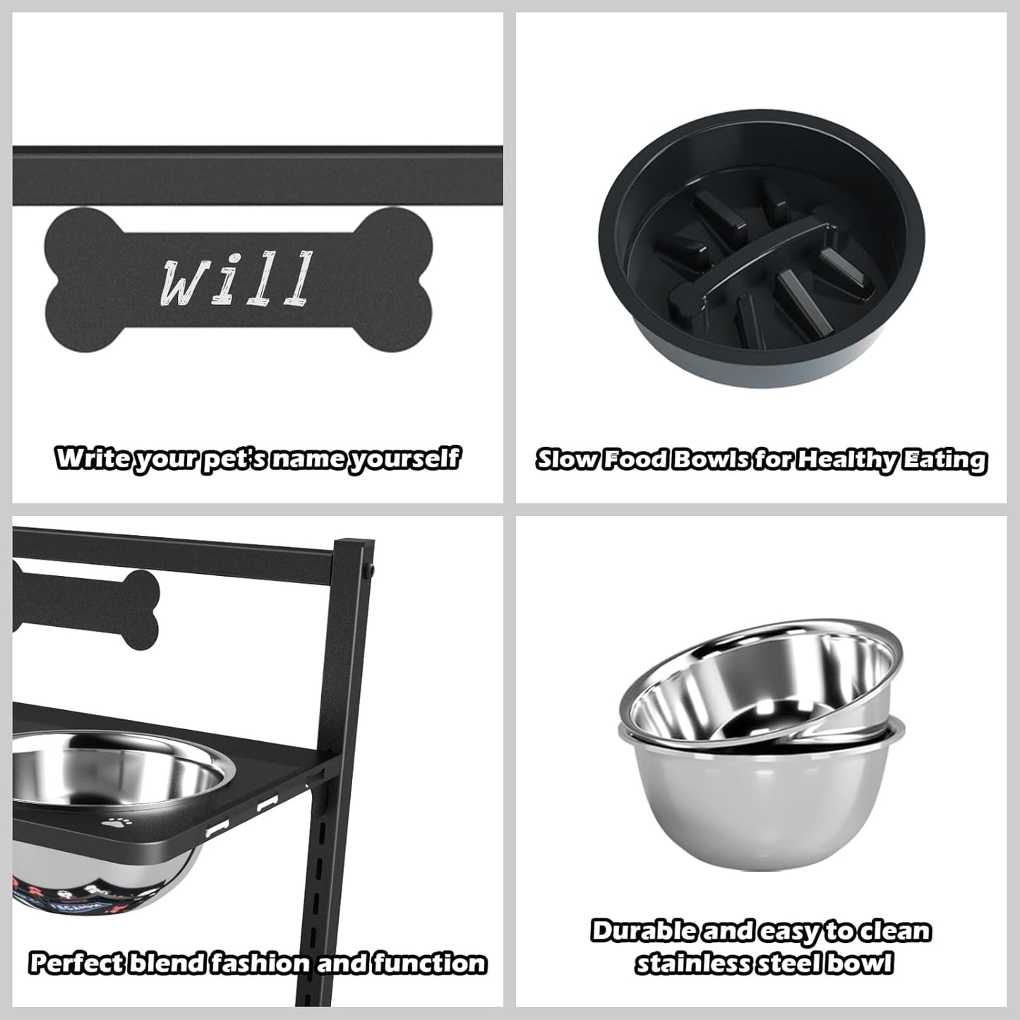 9 Height Adjustable Dog Bowl Stand with Two 1.7L Stainless Steel, Slow Feeder Bowls and Nonslip Pad, Perfect for Medium and Large Dogs