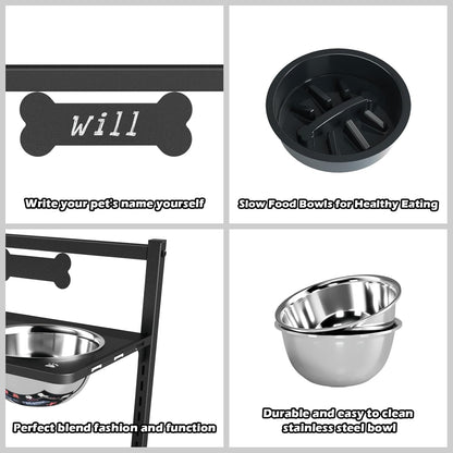 9 Height Adjustable Dog Bowl Stand with Two 1.7L Stainless Steel, Slow Feeder Bowls and Nonslip Pad, Perfect for Medium and Large Dogs
