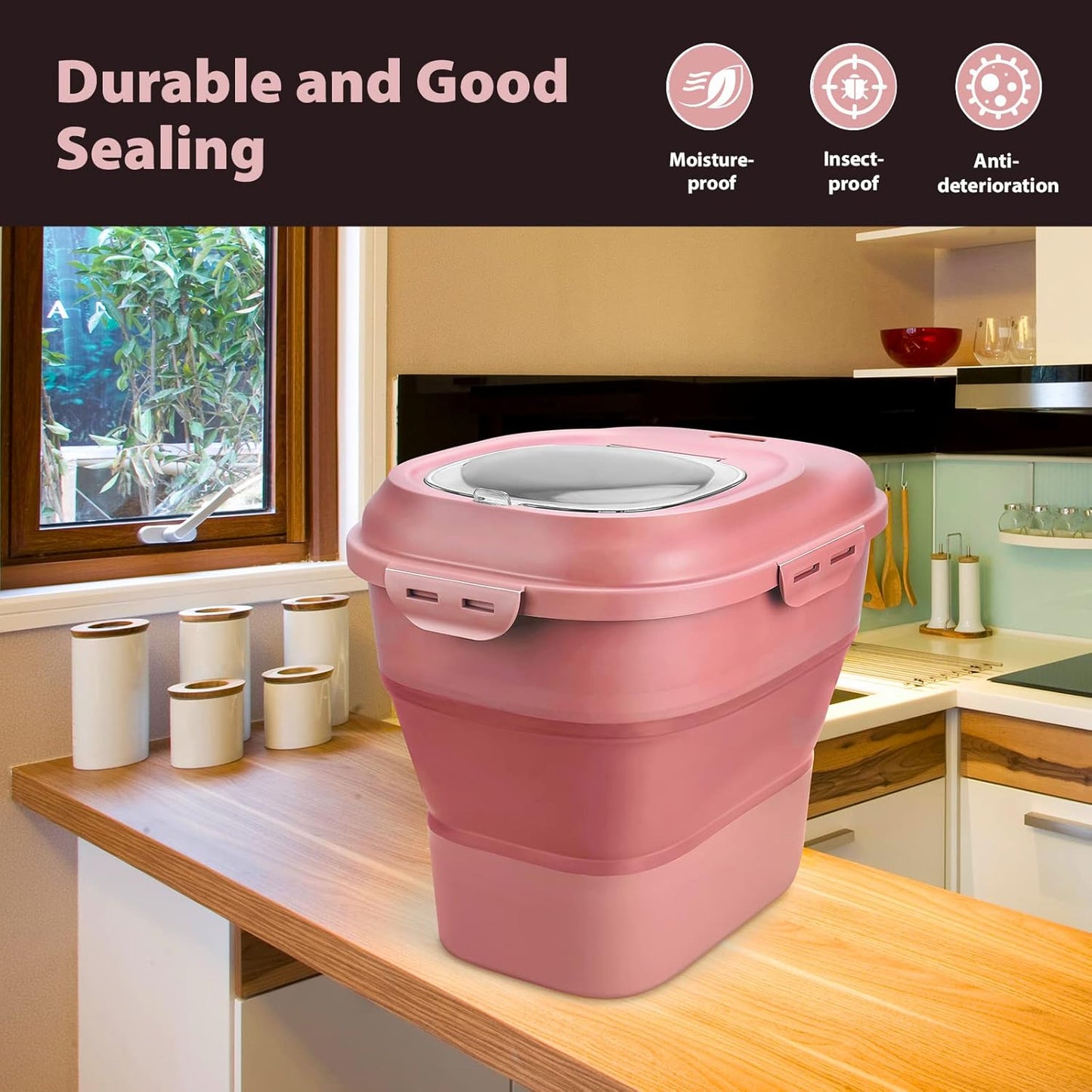 Cereal Rice Storage Containers, 20 to 50Lbs Collapsible Dry Food Dispenser Bins with Airtight Flip Lid Rolling Wheel, Kitchen Pantry to Store Sugar Flour, Dog Pet Cat Food Holder Container