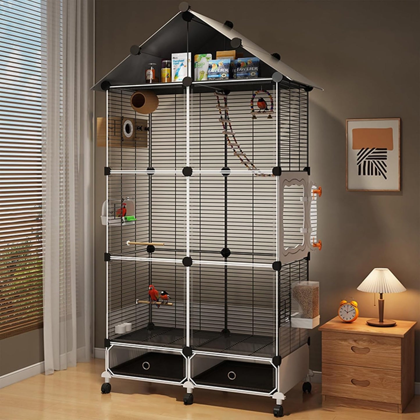 Large Parrot Cage with Acrylic Doors, 4 Casters, Perch & Feeder, Detachable Drawer, Ideal for Cockatiels, Budgies, Conures, Indoor/Outdoor Use – Spacious White Birdcage(Black,72 * 36 * 170)