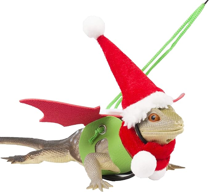 ADOGGYGO Christmas Bearded Dragon Santa Hat Scarf Lizard Leash Harness Set - Lizard Xmas Costume Scarf and Hat + 3 Pack Bearded Dragon Harness Leash for Reptile