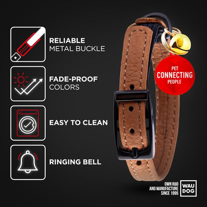 Leather Cat Collar with Bell and Safety Elastic Strap Breakaway Alternative for Small & Large Kittens, Stylish Pet Leather Collar for Boy, Girl Cats with Metal Buckle & QR ID Tag (Brown)