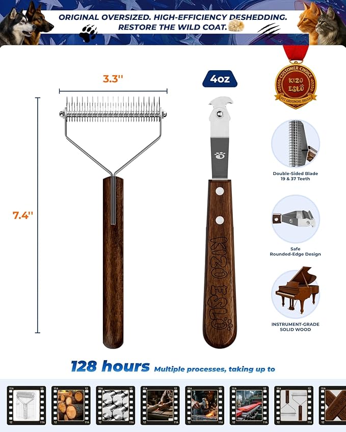 Large Dual-Sided Dogs and Cats Brush for Shedding, Unique Blade Designed Deshedding Dog Brush for Long & Short Haired Dogs, Safe&Pro Shedding Tools, Undercoat Rake for All Coats, Premium Walnut Handle