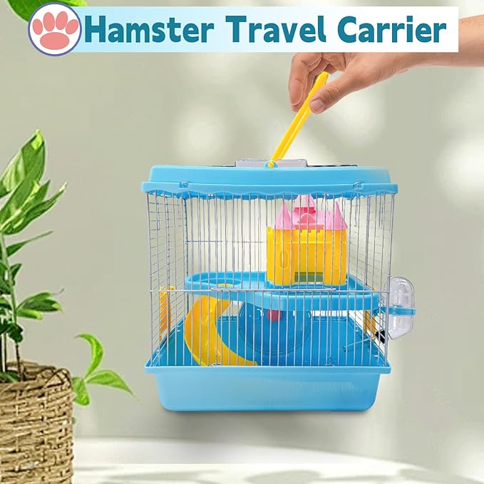 Tfwadmx Hamster Carrier, Dwarf Hamster Travel Cage, Portable Cages with Water Bottle, Gerbil Travel Carry Case Outdoor Vacation House for Small Mice(Blue,10.6”x8”x11.4”)