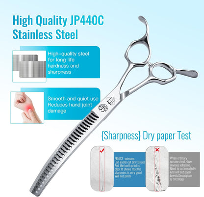 Professional Curved Thinning Scissors for Dog Grooming, 30-Degree Curvature, Japanese 440C for Trimming Dogs Cats and Other Pets face and paws (Curved Chunker)