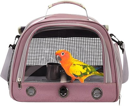 Bird Backpack,with Feeder Cups Tray Perch Portable Breathable Bird Carrier,for Small Birds Parrots Cockatiels (Pink)
