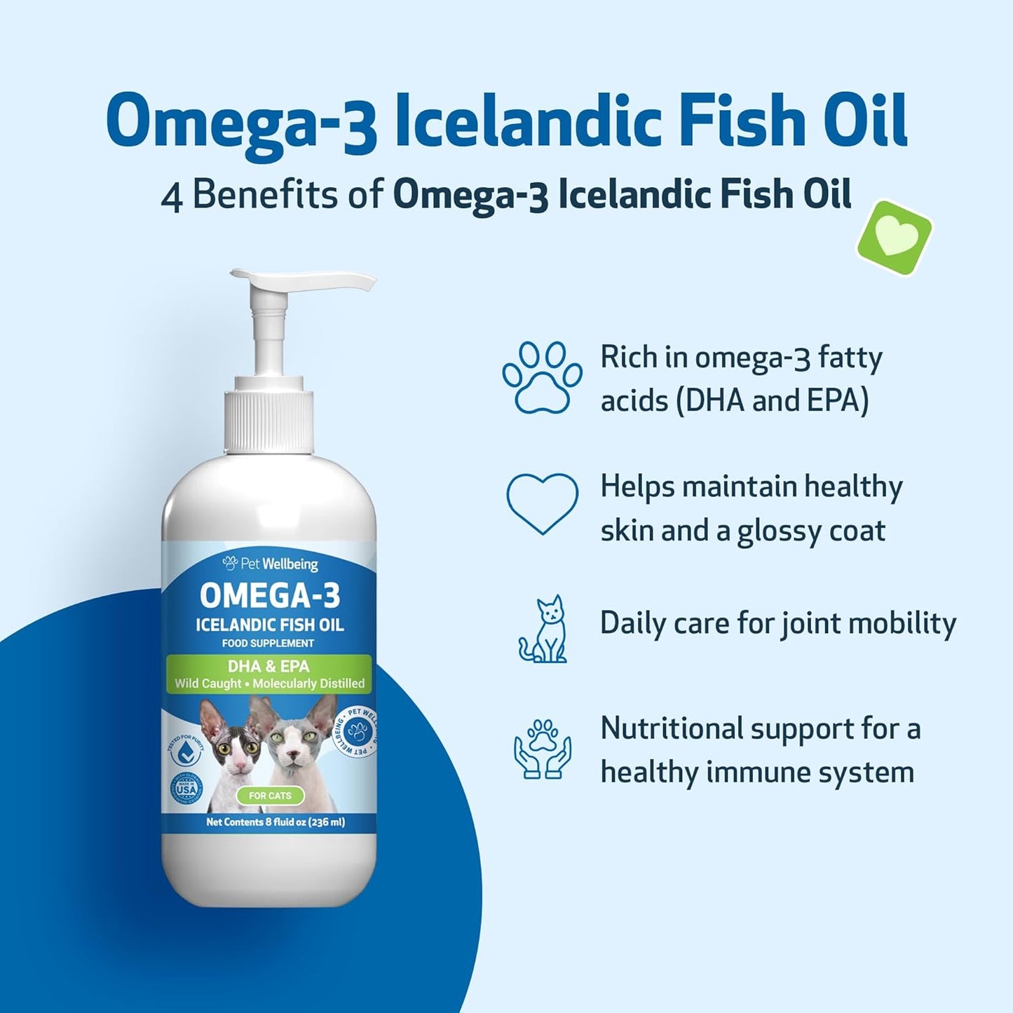 Pet Wellbeing Omega-3 Icelandic Fish Oil for Cats - Wild-Caught, Cold-Water Fish, Healthy Skin and Coat, Joint Health and Mobility, Fatty Acids, Anchovies, Sardines - EPA, DHA - 8 fl oz (236 ml)