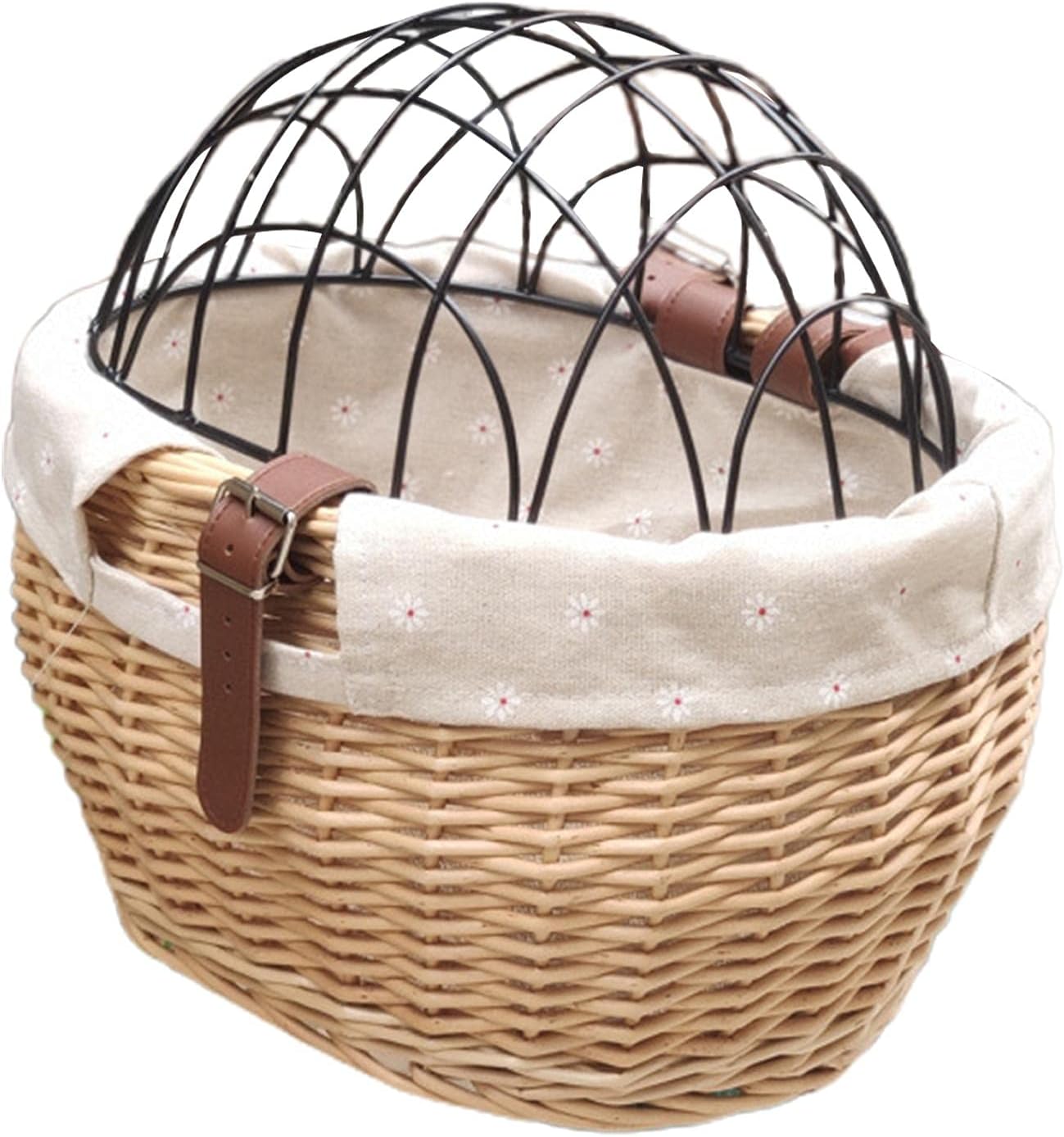 Wicker Bike Basket for Small Dogs Cats Pet Carrier Front Basket with Wire Mesh Cover (Wood Color)