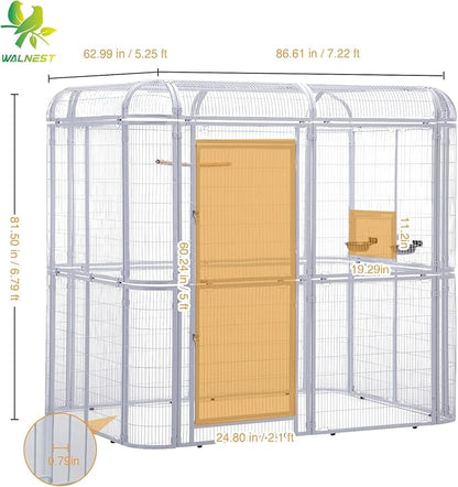 Large Walk-in Cage 87-inch Heavy Duty Bird Cage Outdoor Aviary Parrot Cage Wide Flight Metal Birdcage with Stand for Macaw Budgie Conure Lovebird Parakeet Cockatiel, 7.22x5.25x6.8ft, White